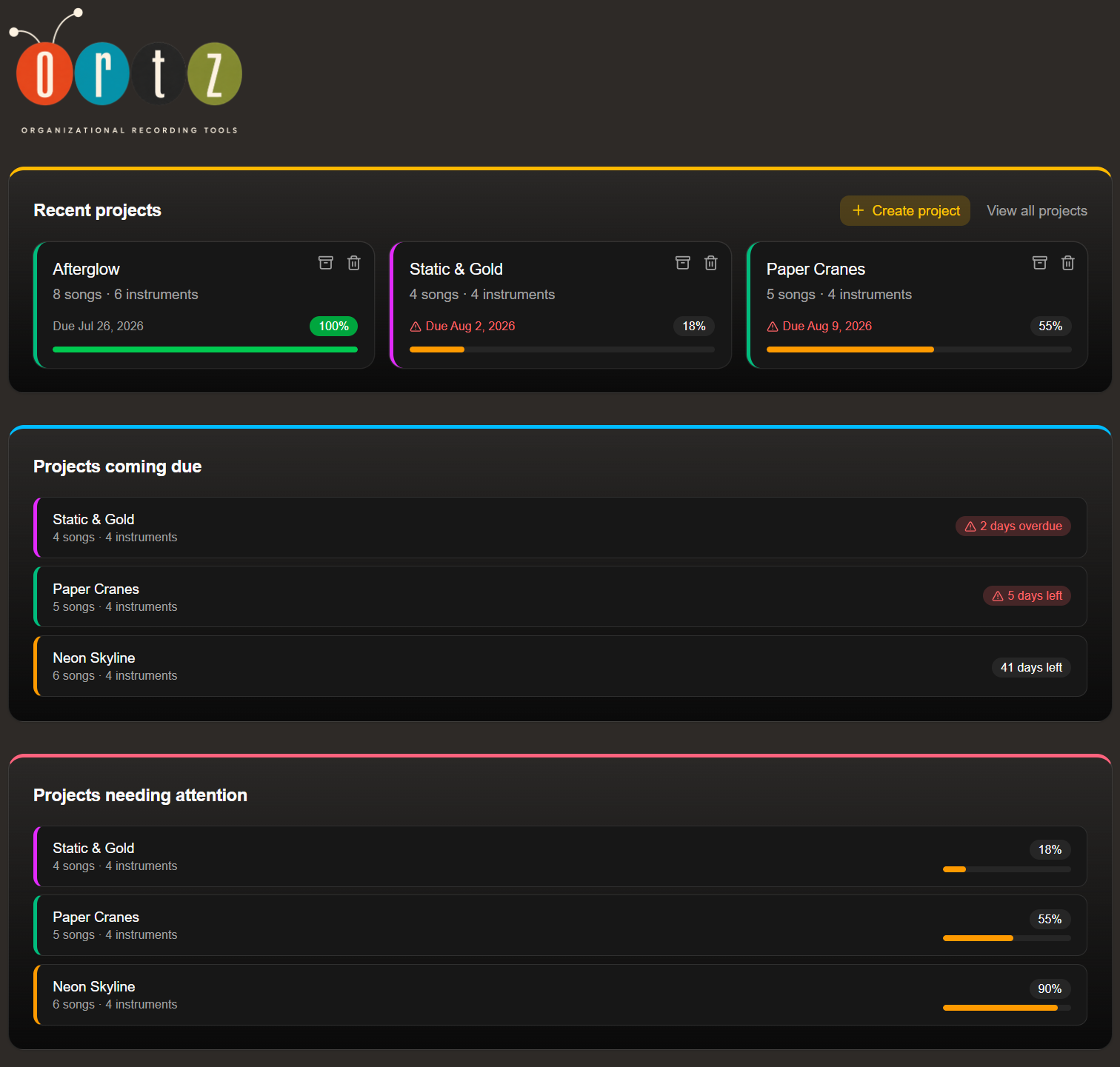 ORTZ project board showing songs, instrument tracks, and completion status for an album in progress